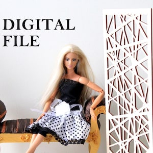 May include: A doll in a black top and polka dot skirt sits on a gold and brown bench. A decorative wooden screen with a geometric design stands nearby. The words "DIGITAL FILE" are in the upper left corner.