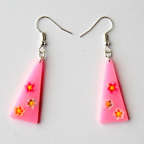 Pink triangle earrings, epoxy resin decorated with flowers. Girly spring dangle funny small jewelry geometric sakura Japanese style women