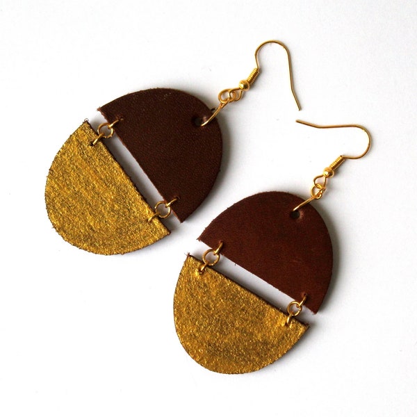 Cropped leather half circle earrings, large bohemian brown gold dangle jewelry modern sunset half moon gift for myself gypsy mothers day