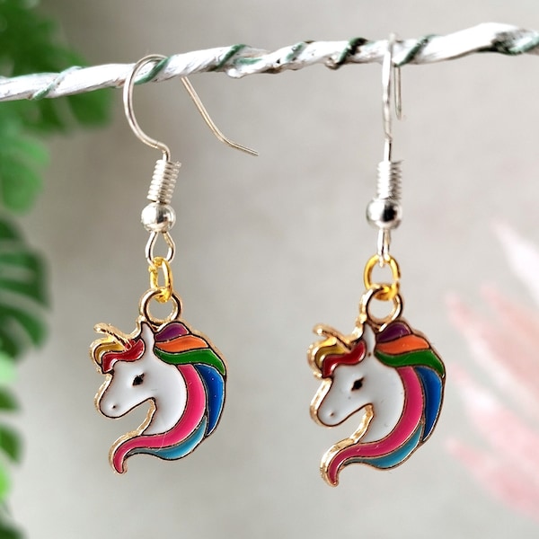 Unicorn earrings cute funny teenage girl jewelry pink school everyday dangle stud accessory young women girly charm for party gift daughter