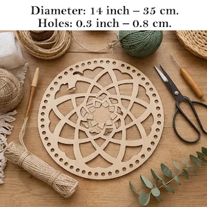 May include: A round, unfinished wooden craft base with a decorative floral design and small holes around the perimeter. The diameter is 14 inches (35 cm), and the holes are 0.3 inches (0.8 cm). Craft supplies, including yarn, scissors, and a crochet hook, are arranged around the base.