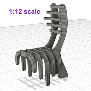 May include: A gray 1:12 scale chair model featuring a slatted seat and backrest design. The structure is composed of interlocking vertical and horizontal pieces, creating a grid-like appearance with curved legs and a tall, narrow back.
