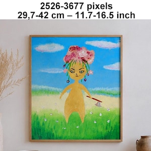 Può includere: Un dipinto incorniciato raffigura una figura dalla pelle dorata con una corona di fiori in un campo verde sotto un cielo azzurro con nuvole. La figura tiene in mano una piccola ascia. Il testo sopra riporta 2526-3677 pixels e 29,7-42 cm – 11.7-16.5 inch.