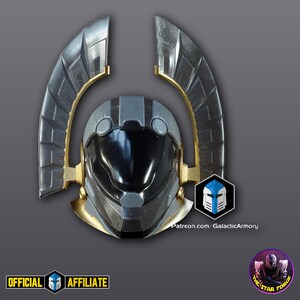 May include: A futuristic helmet with a black visor, gray and silver accents, and gold-colored details. The helmet has large, wing-like structures on either side. Logos for "OFFICIAL AFFILIATE" and "GalacticArmory" are visible.