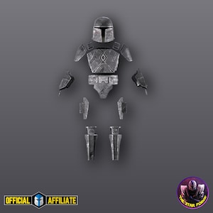 May include: A set of metallic gray armor components including a helmet, chest plate, belt, shoulder guards, arm pieces, and leg armor. The pieces feature a weathered finish and are arranged to display the full suit configuration.