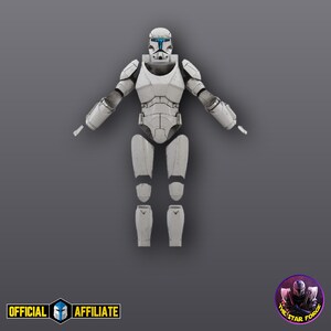 May include: A white and gray action figure of a clone trooper, with articulated limbs and a detailed helmet. The figure is posed against a gray background. The image includes the text "OFFICIAL AFFILIATE" and a logo for "THE STAR FORCE".