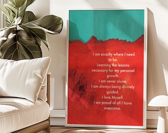 Positive Affirmations Wall Art, Inspirational Quote Red Abstract Print Teal Modern Digital Download Colourful Poster