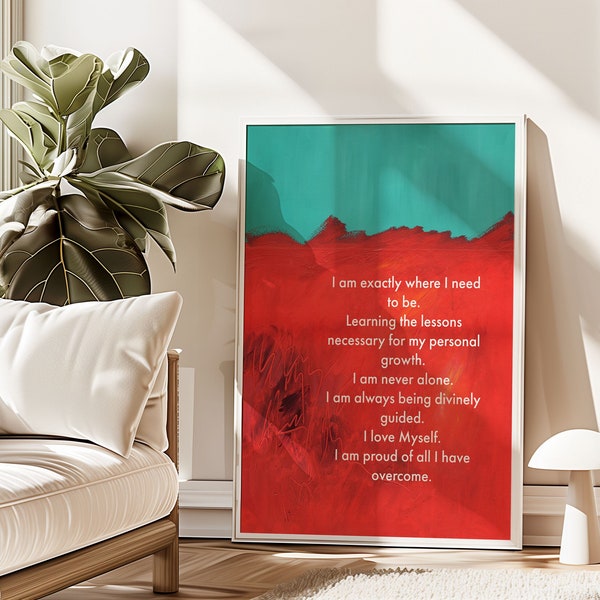 Positive Affirmations Wall Art, Inspirational Quote Red Abstract Print Teal Modern Digital Download Colourful Poster