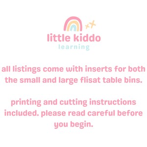 Może przedstawiać: Grafika tęczy w kolorze r&oacute;żowym i białym z dwiema gwiazdami nad tekstem "little kiddo learning". Tekst pod grafiką brzmi: "Wszystkie oferty zawierają wkładki do małych i dużych pojemnik&oacute;w na st&oacute;ł flisat. Instrukcje drukowania i cięcia dołączone. Przeczytaj uważnie przed rozpoczęciem."