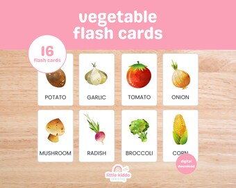 Może przedstawiać: Zestaw 16 kolorowych kart flash z ilustracjami różnych warzyw, w tym ziemniaki, czosnek, pomidor, cebula, grzyby, rzodkiewka, brokuły i kukurydza. Karty są oznaczone nazwą każdego warzywa białym tekstem na białym tle.