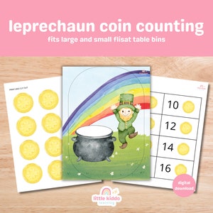 May include: Printable leprechaun coin counting activity for kids. The set includes a leprechaun standing next to a pot of gold at the end of a rainbow, a sheet of gold coins to cut out, and a sheet with numbers 10, 12, 14, and 16 with spaces for the coins.