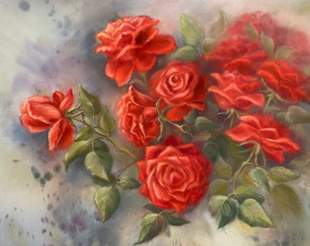 Origineel pastelbloemschilderij "Red Passion" | Bloemenschilderij | Pasteltekening | Bloemkunst | Afmeting 35x50 cm | 13,8 'x 19,7'