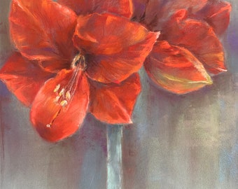 Original pastel painting | Flower painting | Amaryllises | "Red Flowers" Size 35x25 cm | 13.7' x 9.8'