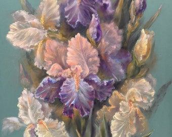 Original Blumen Pastellbild ""Purple Irises"" Größe 49 x 34 cm | 39 cm x 33 cm