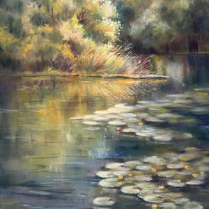 Dipinto originale a pastello raffigurante un fiume "Summer River" Dimensioni 40 x 30 cm / 15,7" x 11,8"