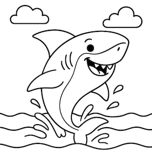 Shark Out Of Water Coloring Page | Shark Printable Coloring Page | Happy Shark Preschool Coloring Printable | Kids Coloring