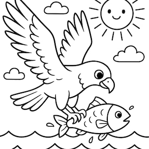 Eagle Catching Fish Coloring Page | Eagle Printable Coloring | Preschool Coloring Page | Kids Game | Eagle Coloring Page | Eagle Printable