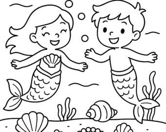 Mermaids Treasure Hunting Coloring Page | Mermaid Coloring Page | Merman Coloring Page | Preschool Coloring | Kids Printable Coloring Page