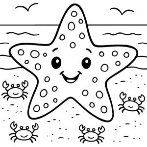 Op de afbeelding: Zwart-wit illustratie van een lachende zeester met meerdere cirkels op zijn lichaam en vier lachende krabben op het zand. Twee vogels vliegen boven de oceaangolven. Het woord DANGA staat in de rechter benedenhoek.