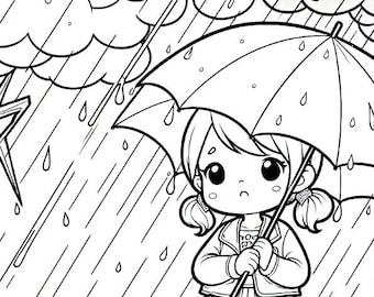 Rainy Day Coloring Page | Kids Printable Coloring Page | Girl Stuck In A Rainstorm Coloring Page