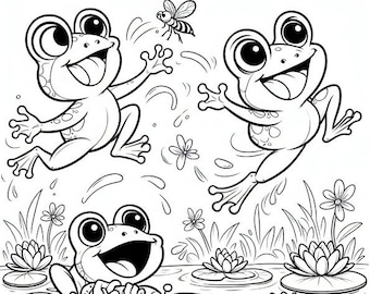 Frogs Leaping Lily Pads Coloring Page | Kids Printable Coloring Page | Frog Coloring Page