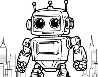 Robot In The City Coloring Page | Robot Printable Coloring Page | Robot Coloring Page
