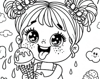 Girl Eating Ice Cream Coloring Page | Kids Printable Coloring Page