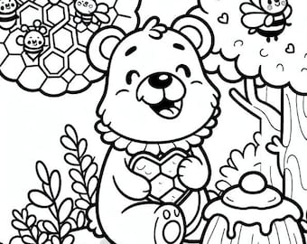 Honey Bear Coloring Page | Honey Bees Coloring Page | Honeycomb Printable Coloring Book | Kids Printable Coloring Book