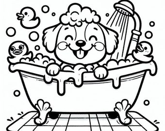 Dog Taking A Bubble Bath Coloring Page | Dog Printable Coloring Page | Kids Coloring Page