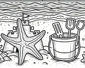 Sand Castle and Starfish Coloring Page | Kids Printable Coloring Page