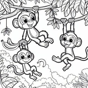 以下が含まれることがあります： ジャングルを背景に、つるからぶら下がって揺れる3匹の猿の白黒の線画。猿は大きな目をしており、笑顔を見せています。背景にはバナナと葉があります。