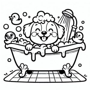 Könnte beinhalten: Eine Schwarzweiß-Zeichnung eines Hundes, der in einer Badewanne mit Blasen badet. Der Hund lächelt und hat einen glücklichen Gesichtsausdruck. Der Text "SCRUB A DUB" befindet sich oben im Bild.