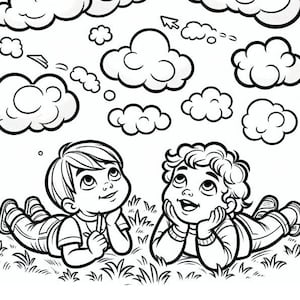 May include: A black and white illustration of two children lying on their stomachs in a grassy field, looking up at a sky filled with clouds. The children are smiling and appear to be daydreaming.