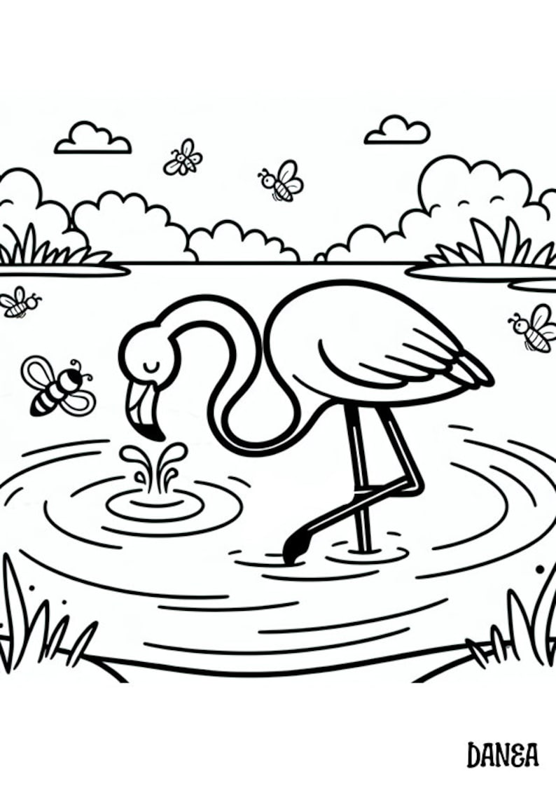 K&ouml;nnte beinhalten: Eine Schwarzwei&szlig;-Zeichnung eines Flamingos, der in einem Teich steht und mit dem Kopf zum Trinken Wasser sch&ouml;pft. Mehrere Bienen fliegen um den Teich herum und im Hintergrund sind einige B&uuml;sche zu sehen.