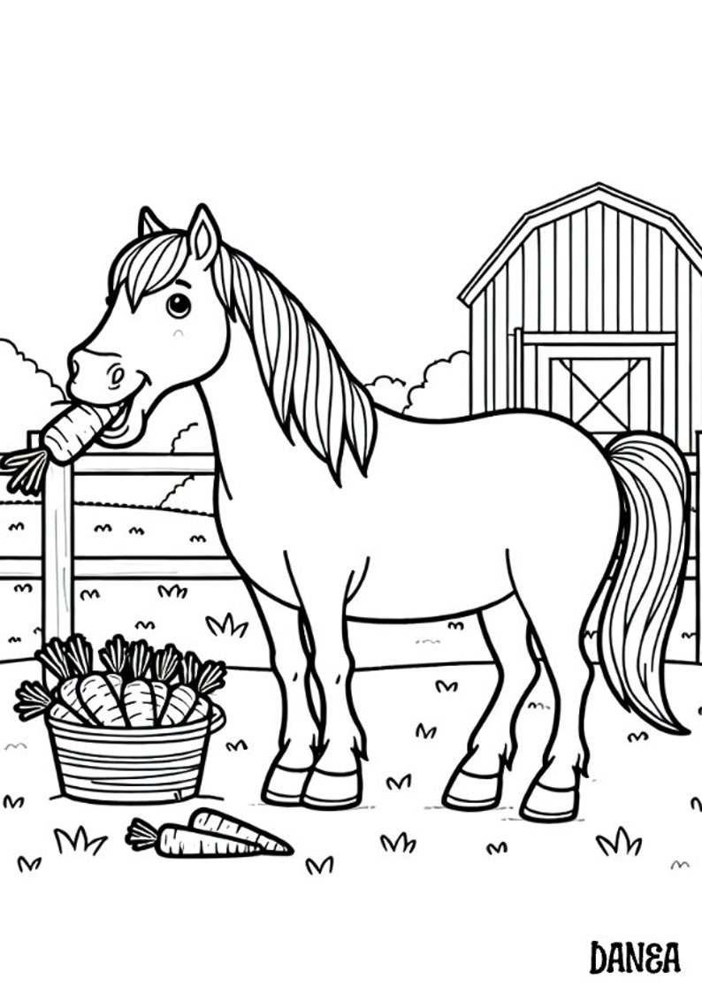 May include: A black and white line drawing of a horse eating a carrot in a field. The horse is standing next to a bucket of carrots and a barn in the background.