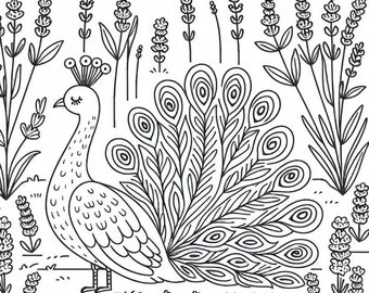 Peacock In A Lavender Field Coloring Page | Kids Printable Coloring Page