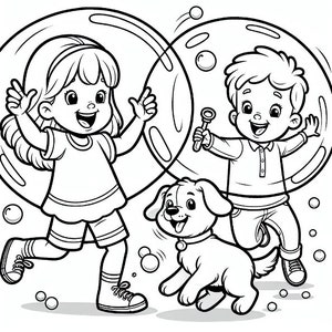 May include: A black and white illustration of two children playing in giant soap bubbles with a dog running beside them. The children are smiling and appear to be having fun.