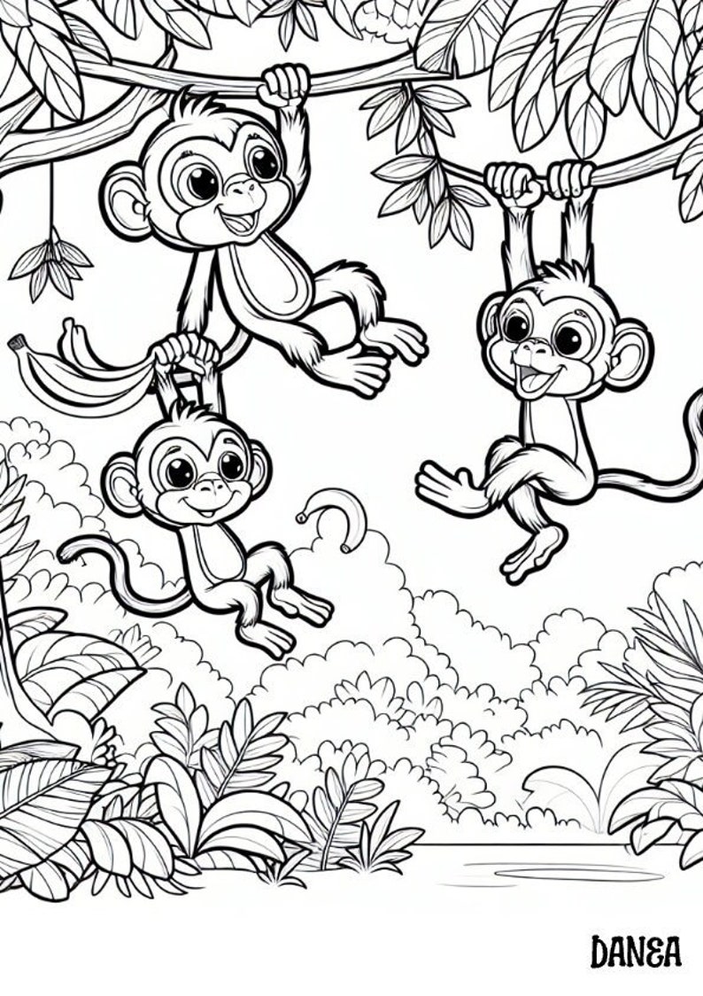 Three Monkeys Coloring Page Kids Printable Coloring Page Etsy