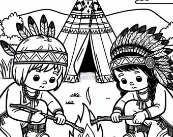 Indian Kids Camping Coloring Page | Native American Coloring Page | Feather Headbands, Teepee and Campfire Coloring Page