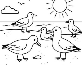 Seagulls Sunbathing Coloring Page | Toddler Coloring Page | Preschool Coloring Page  | Seagulls Printable Coloring Page |  Printable Game