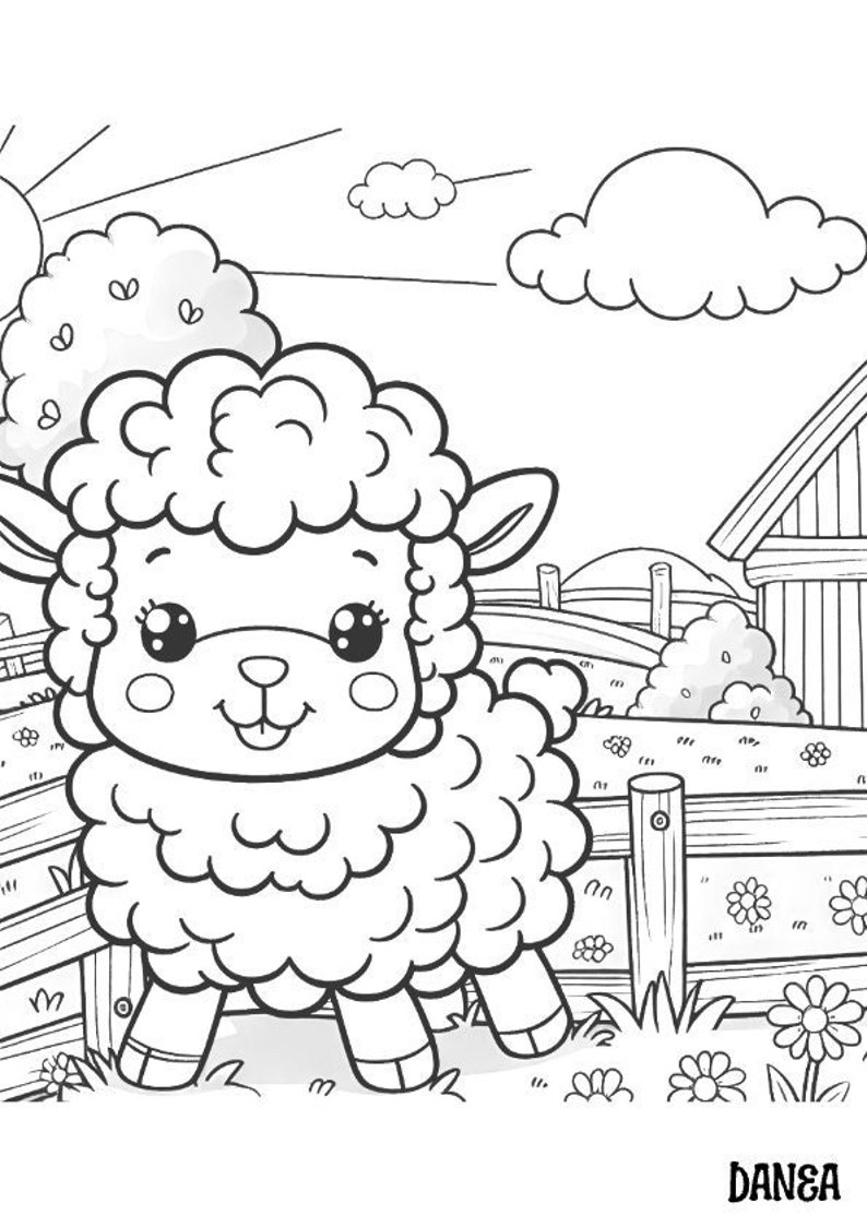 May include: A black and white line drawing of a cute cartoon lamb standing in a field with a fence and a barn in the background. The lamb has big eyes and a happy expression.