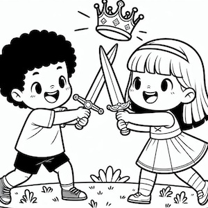 May include: A black and white illustration of two children, a boy and a girl, holding swords and facing each other. A crown is floating above them.
