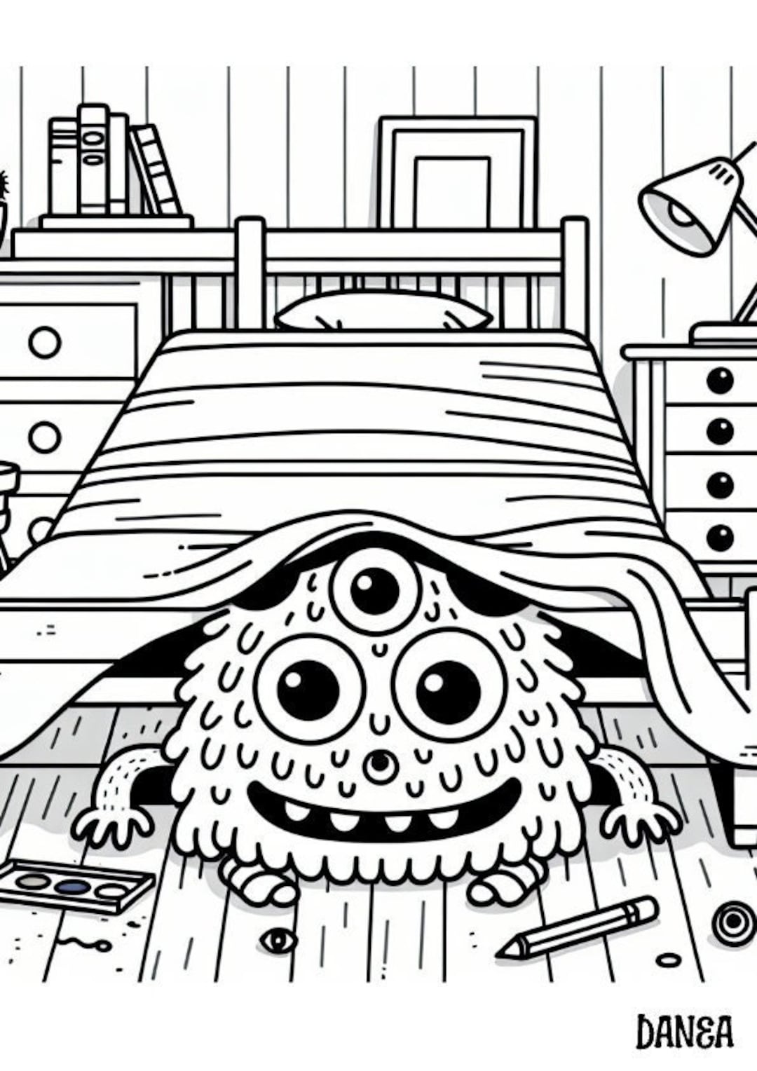 Monster Under the Bed Coloring Page | Kids Printable Coloring Page - Etsy