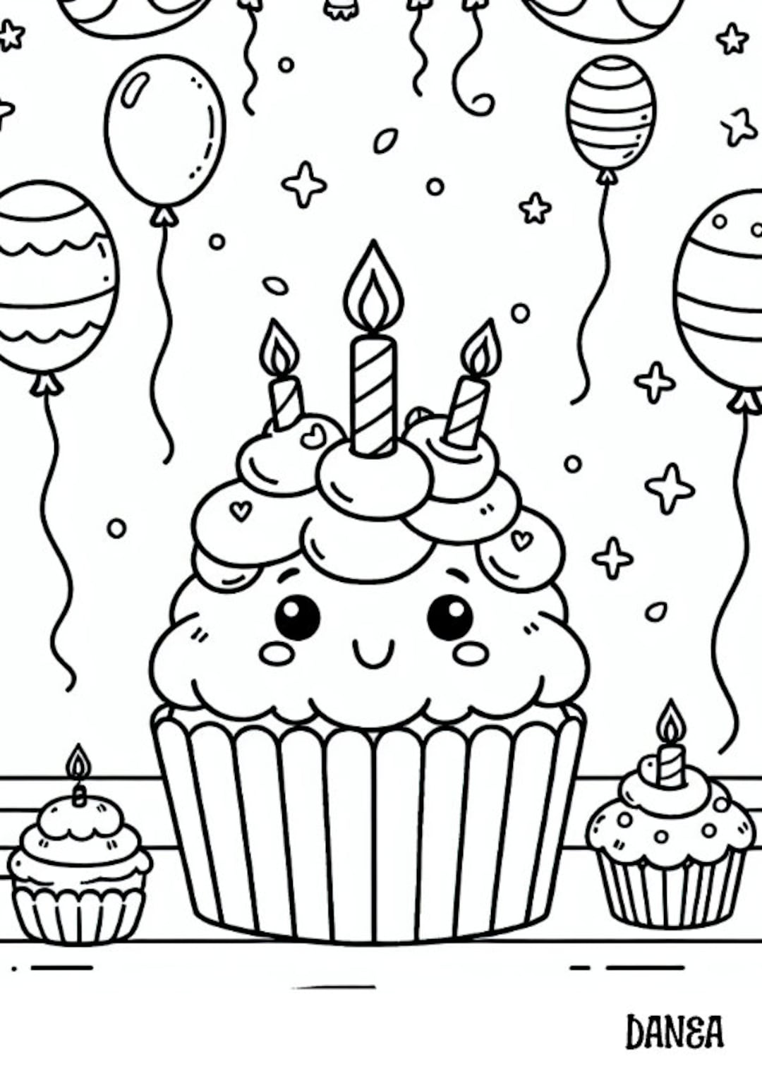 Página para colorear de cumpleaños / Página para colorear imprimible de  cupcakes y globos - Etsy México, image size:1080x1528
