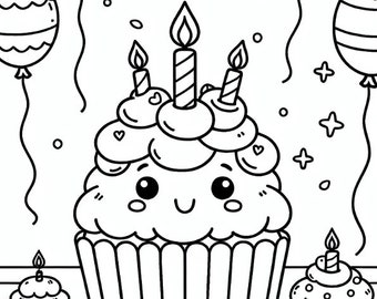 Birthday Coloring Page | Cupcake and Balloons Printable Coloring Page