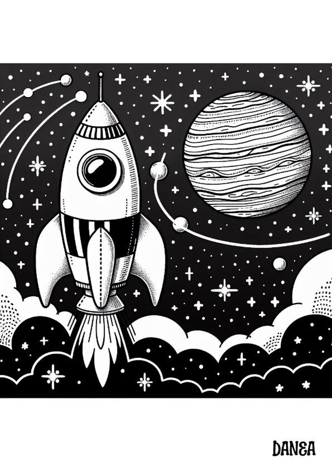 Rocketship in Space Coloring Page | Kids Printable Coloring Page - Etsy