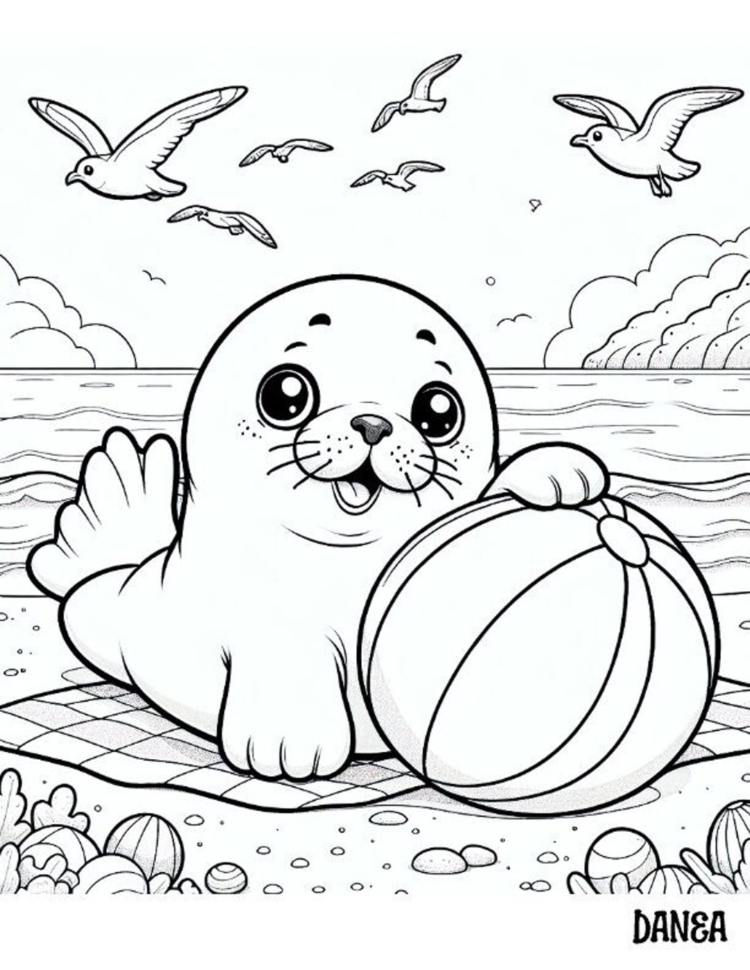 Seal on A Beach Coloring Page Kids Printable Coloring Page - Etsy