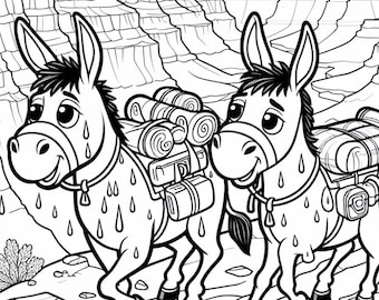 Mules Hiking The Grand Canyon Coloring Page | Kids Mule Printable Coloring Page | Mules Hiking Color Page