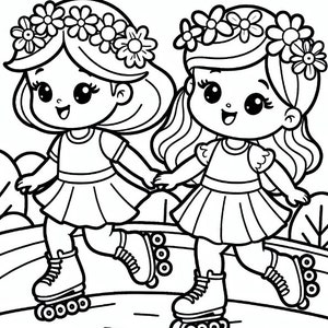 以下が含まれることがあります： 花冠とドレスを着た2人の女の子がローラースケートに乗っています。2人は笑顔で手を繋いでいます。女の子たちは木と茂みが背景にある道にいます。