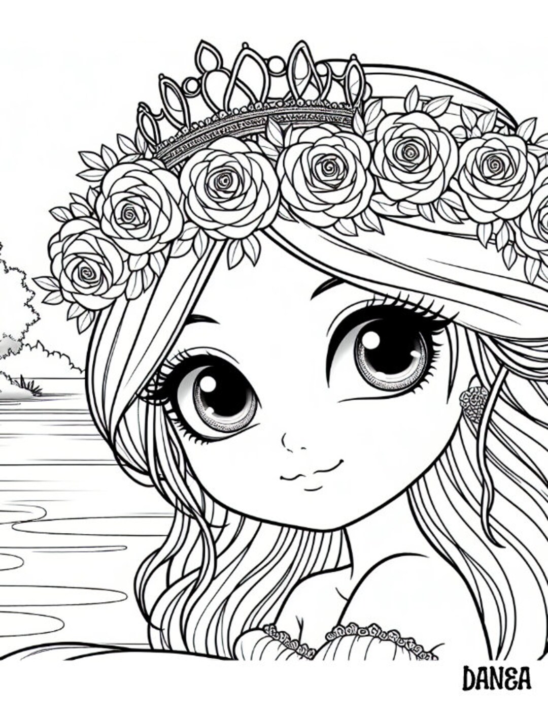 Rose Crown Princess Coloring Page | Kids Printable Coloring Page - Etsy